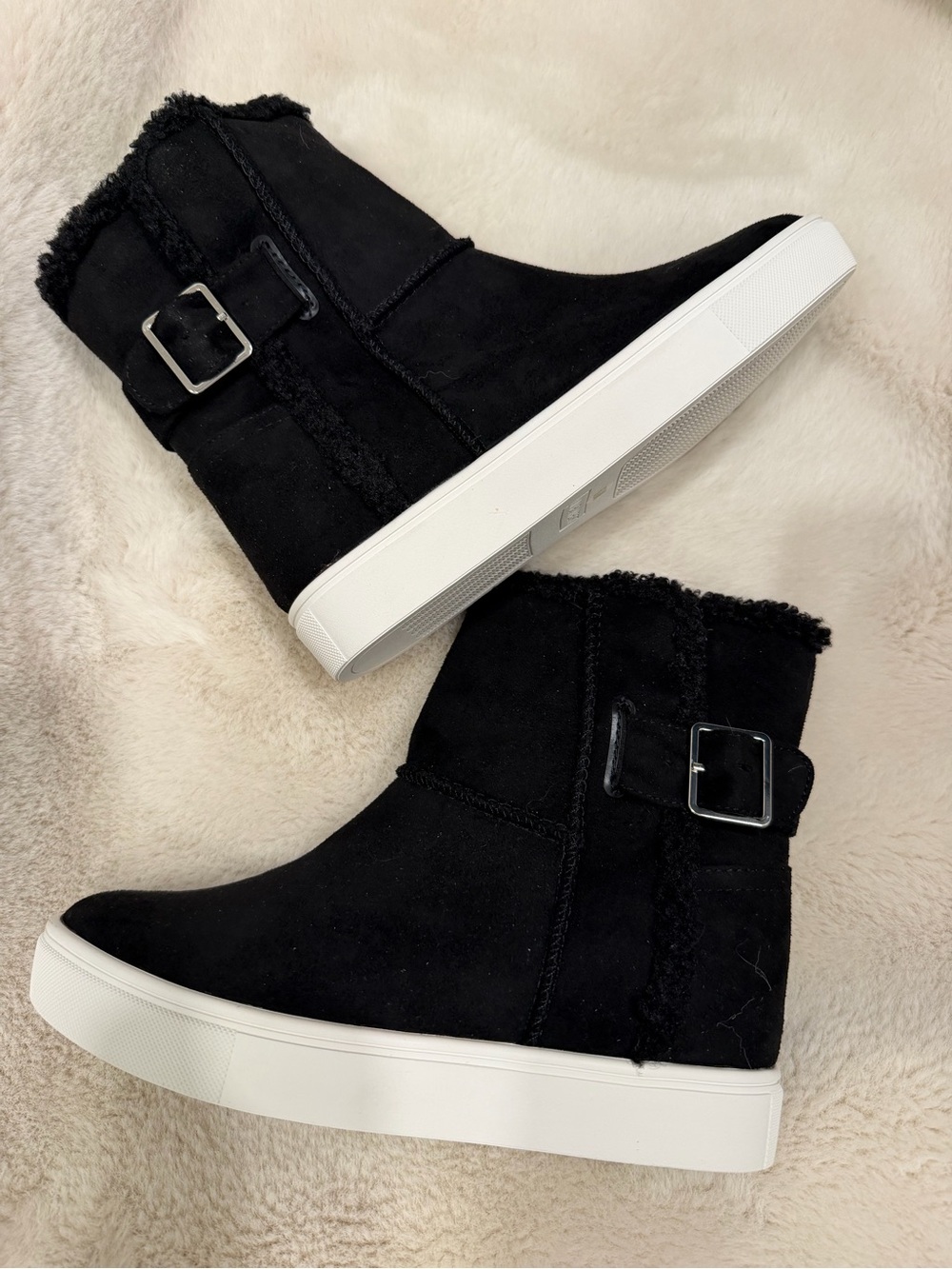 Black Nine West Faux-Suede Shearling Lined Wedge Sneaker Booties